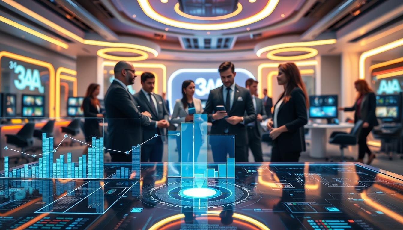 A visually engaging depiction of "3A" symbolizing transparency and fairness in gaming. In the foreground, a sophisticated digital interface displays transparent, interactive graphs and metrics, illustrating fairness in gaming outcomes. The middle ground features a group of diverse, professional-looking individuals in business attire engaged in a collaborative discussion, emphasizing transparency in decision-making. The background showcases a futuristic gaming room with sleek designs, vibrant colors, and soft lighting that creates an inviting atmosphere. The lighting is bright yet soft, enhancing visibility on the digital displays and creating a sense of trust. Capture a mood of cooperation and integrity, highlighting the commitment of "3A" towards responsible gaming practices.