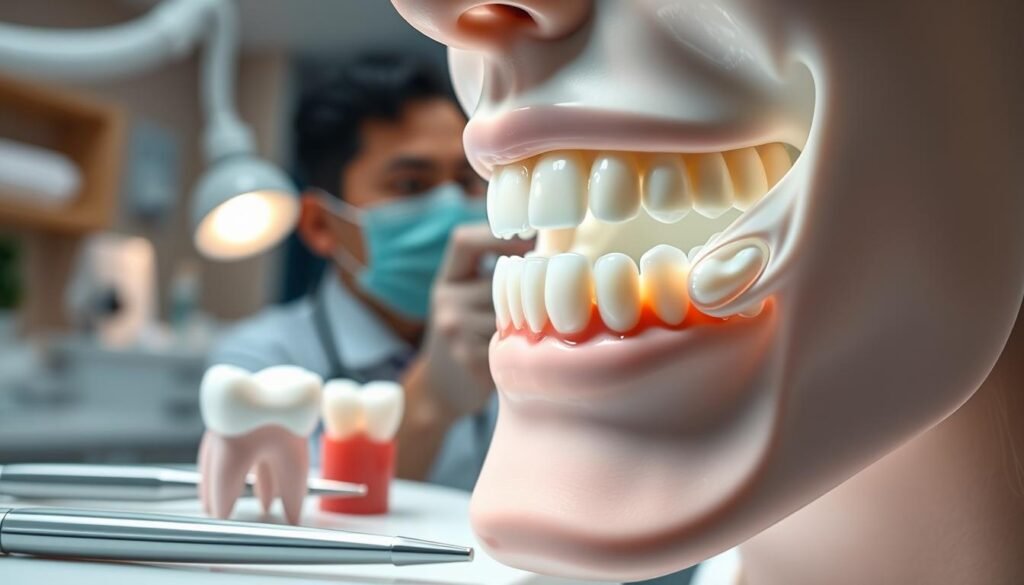 A close-up view of a healthy human jaw with a focus on a porcelain dental crown made of high-strength zirconia. The dental crown should be bright and vividly detailed to showcase its smooth texture and natural appearance. In the foreground, include dental tools and a model of teeth demonstrating the crown's placement. In the middle ground, display a dentist's hand adjusting the crown, wearing professional attire, ensuring a clean, clinical atmosphere. The background should feature a softly lit dental office with soothing colors, enhancing a sense of trust and health. The lighting should be bright yet soft, highlighting the crown's brilliance while creating a calm and reassuring mood. Overall, the image should reflect the benefits of porcelain crowns for dental health, showcasing their aesthetic appeal and strength.