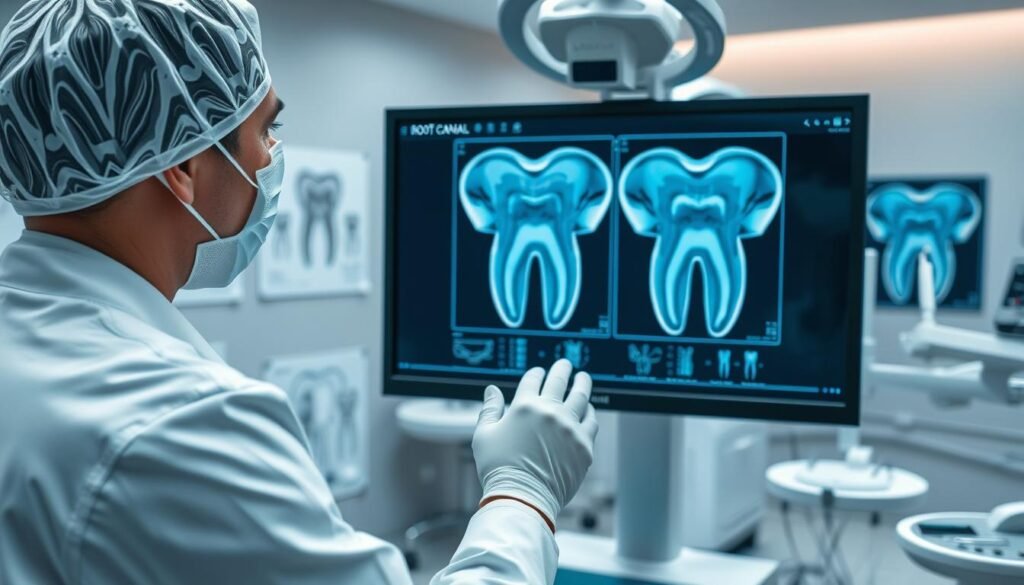 A highly detailed and visually engaging scene depicting a dental clinic focused on root canal treatment costs analysis. In the foreground, a professional dentist, dressed in a white coat and wearing gloves, is examining a monitor displaying complex dental images of root canals under high magnification. The middle ground features modern dental tools and diagrams illustrating the anatomical structure of teeth, while in the background, a sleek, well-lit dental office with high-tech equipment sets the atmosphere. Soft, focused lighting highlights the intricate details on the screen and the dentist's concentrated expression. The color palette is calming with cool blues and whites, evoking a sense of professionalism and precision in dental care.