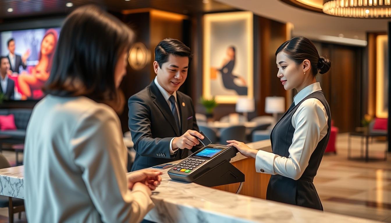 A modern Taipei KTV hotel lobby, showcasing a sleek and sophisticated foreign currency credit card payment process at the reception desk. In the foreground, a well-dressed hotel staff member, in professional attire, assists a customer with a credit card transaction, attentively pointing to a digital display. The middle ground features a high-tech payment terminal and elegant décor with ambient lighting that evokes a warm and inviting atmosphere. In the background, blurred elements of the stylish lounge area with plush seating and vibrant artwork can be seen, subtly conveying a blend of entertainment and luxury. The scene captures a sense of professionalism and efficiency in a bustling environment, emphasizing the seamless integration of technology into customer service.