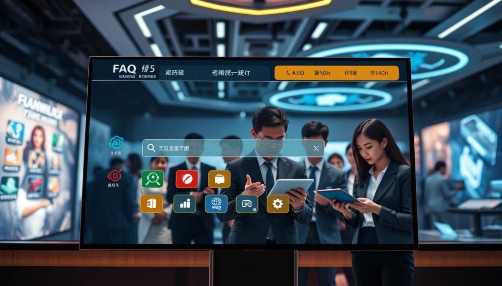 A modern and sleek user interface design showcasing a smart FAQ system for an online gaming platform. In the foreground, a digital screen displays intuitive navigation buttons and a prominent search bar, surrounded by colorful icons representing various game genres. The middle layer features a diverse group of users engaged with the interface, dressed in professional business attire, enthusiastically interacting with the system using tablets. The background encompasses a futuristic gaming environment, with soft ambient lighting and holographic displays that enhance the advanced technology feel. The overall atmosphere is inviting and dynamic, emphasizing the ease of access and functionality of the intelligent FAQ system designed to assist new gamers in Taiwan.