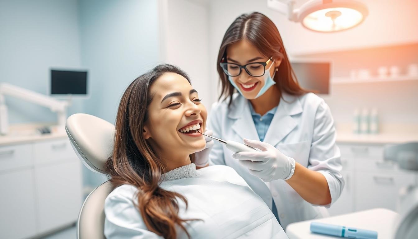A professional dental hygienist in a crisp white coat is demonstrating the teeth cleaning process in a modern dental clinic. In the foreground, a woman sits in the dental chair, looking relaxed and attentive, while the hygienist uses a high-tech dental tool to clean her teeth. The background features bright, well-organized dental equipment and a soothing color palette of light blues and whites, creating a calm atmosphere. Soft, diffused lighting illuminates the scene, highlighting the hygienist's focused expression and the woman’s smile. The angle captures both the hygienist's expertise and the patient’s comfort, illustrating the truth behind dental cleaning costs as a vital aspect of oral health.