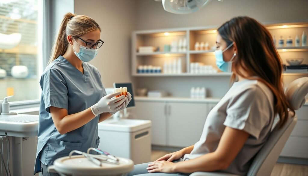 A sterile dental clinic setting focused on post-surgery dental care for dental implant patients. In the foreground, a professional dental nurse wearing scrubs and gloves is gently demonstrating proper care techniques to a seated patient, who is dressed in casual attire. The nurse holds a model of a tooth, explaining the importance of oral hygiene after dental implant surgery. In the middle ground, various dental instruments and a clean workstation are visible, emphasizing the clinical environment. The background features well-lit shelves stocked with dental care products, creating a sense of order and cleanliness. Soft, warm lighting enhances the calm atmosphere, suggesting a supportive and professional therapeutic space focused on recovery and care.