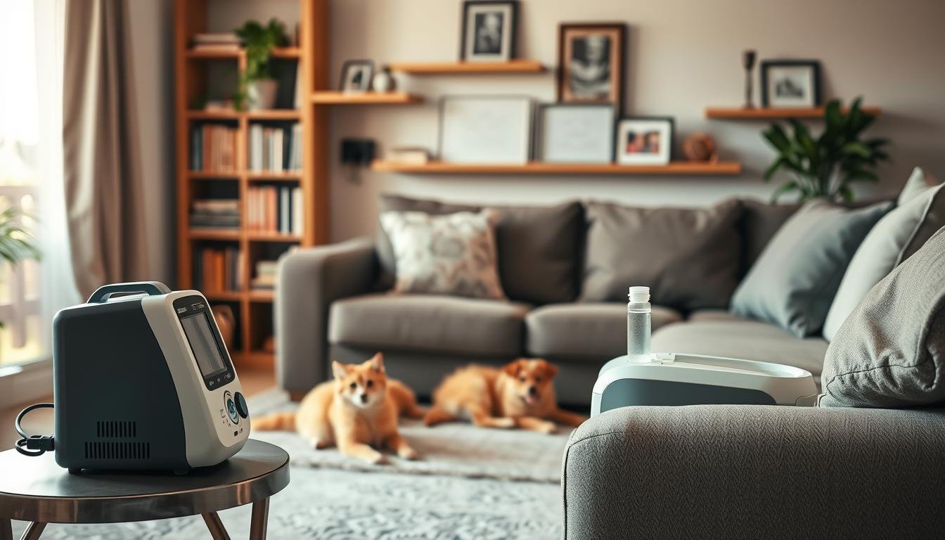 A cozy living room setting, featuring a comfortable couch with soft cushions. In the foreground, a well-maintained sleep apnea machine is positioned on a side table, with a small houseplant nearby for a touch of greenery. In the middle ground, a couple of playful pets, such as a cat and a small dog, are lounging on the floor, creating a warm family atmosphere. The background shows shelves lined with books and framed family photographs, softly lit by natural sunlight streaming through a window. The overall mood is serene and inviting, emphasizing the importance of a clean environment for both pets and sleep equipment. Utilize soft, warm lighting to enhance the soothing ambiance, captured from a slightly elevated angle to showcase all elements harmoniously.
