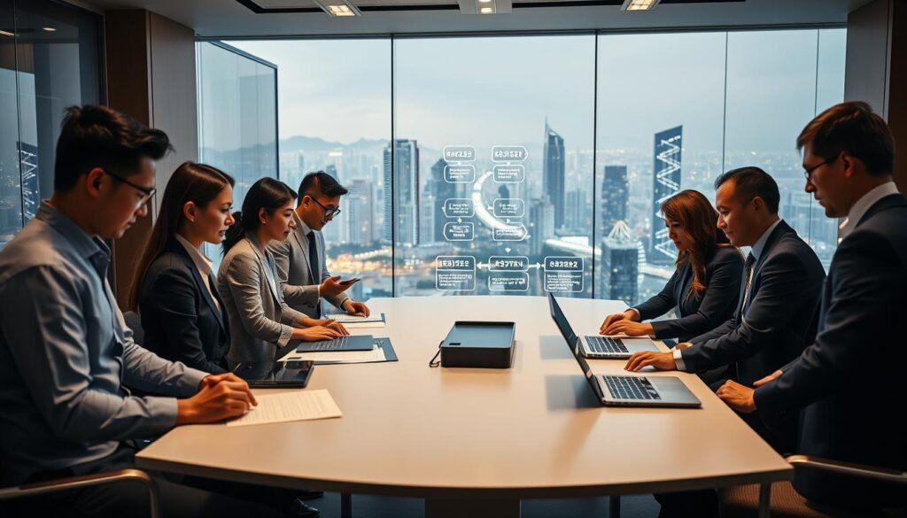 A modern office setting in Hong Kong, showcasing the process of starting a company. In the foreground, a diverse group of professionals in business attire collaborates around a sleek conference table, reviewing digital documents on laptops and tablets. The middle ground features a large digital screen displaying a flowchart illustrating the steps to register a company online. The background includes a panoramic view of Hong Kong's skyline, with bright city lights reflecting the energetic business environment. The atmosphere is dynamic and focused, with soft, warm lighting that creates an inviting ambiance. The angle captures the collaboration and innovation involved in the company registration process, emphasizing efficiency and modern technology.