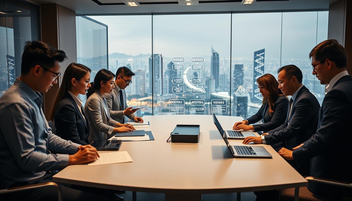 A modern office setting in Hong Kong, showcasing the process of starting a company. In the foreground, a diverse group of professionals in business attire collaborates around a sleek conference table, reviewing digital documents on laptops and tablets. The middle ground features a large digital screen displaying a flowchart illustrating the steps to register a company online. The background includes a panoramic view of Hong Kong's skyline, with bright city lights reflecting the energetic business environment. The atmosphere is dynamic and focused, with soft, warm lighting that creates an inviting ambiance. The angle captures the collaboration and innovation involved in the company registration process, emphasizing efficiency and modern technology.