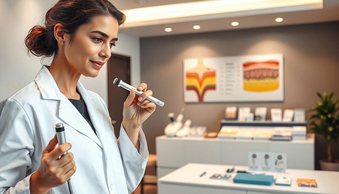 A professional consultation environment dedicated to wart removal methods. In the foreground, a clinician in a white lab coat is demonstrating a medical tool for safe wart removal, showing a focused and confident expression. The middle ground features a modern, well-lit clinic with an array of wart treatment options displayed on a stylish counter. A detailed anatomical chart of skin layers is visible on the wall, emphasizing the educational aspect of the practice. The background includes soft, ambient lighting that creates a calm, reassuring atmosphere. The scene captures a balance of professionalism and warmth, suggesting a trustworthy setting for exploring effective wart removal methods.