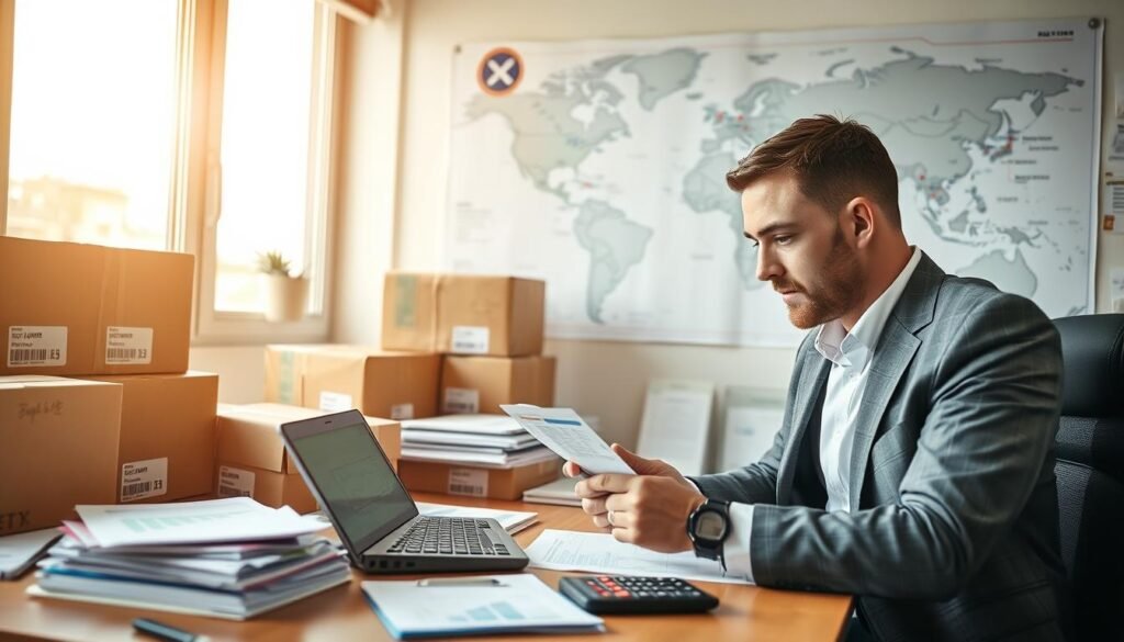 A detailed, educational scene illustrating the concept of volume weight versus actual weight in shipping costs, prominently featuring a well-organized desk filled with shipping documents, charts, and calculators. In the foreground, a professional-looking individual in business attire analyzes a shipping calculator, focused on various metrics displayed on their laptop screen. The middle layer showcases labeled shipping packages of different sizes, emphasizing volumetric dimensions, arranged neatly. In the background, a large, informational world map with logistics routes highlights the global aspect of purchasing and shipping. Soft, natural lighting floods the scene from a nearby window, creating a clear and bright atmosphere, while a shallow depth of field softens the background elements, directing focus on the shipping calculator and the individual’s engagement with it.