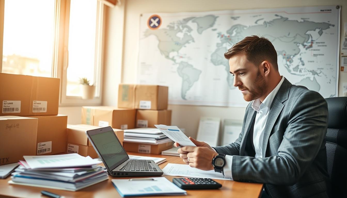 A detailed, educational scene illustrating the concept of volume weight versus actual weight in shipping costs, prominently featuring a well-organized desk filled with shipping documents, charts, and calculators. In the foreground, a professional-looking individual in business attire analyzes a shipping calculator, focused on various metrics displayed on their laptop screen. The middle layer showcases labeled shipping packages of different sizes, emphasizing volumetric dimensions, arranged neatly. In the background, a large, informational world map with logistics routes highlights the global aspect of purchasing and shipping. Soft, natural lighting floods the scene from a nearby window, creating a clear and bright atmosphere, while a shallow depth of field softens the background elements, directing focus on the shipping calculator and the individual’s engagement with it.