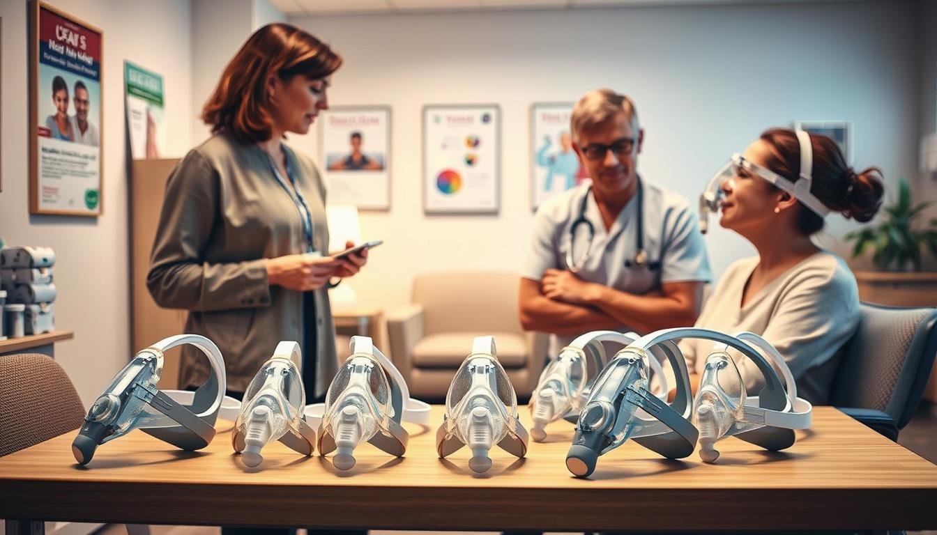 A medically-focused scene illustrating the use of a nasal/oral CPAP mask in various settings. In the foreground, a professional, modestly-dressed clinician explains the benefits and usage of the CPAP mask to a patient who looks relieved and attentive. The middle ground features an assortment of CPAP masks displayed neatly on a table, showcasing both nasal and full-face options with clear labeling. In the background, a softly-lit, welcoming clinic space with health posters and comfortable seating creates a reassuring atmosphere. The lighting is warm and inviting, captured from a slightly angled perspective to give depth. The overall mood is supportive and educational, emphasizing the importance of correct CPAP mask selection in enhancing sleep therapy.
