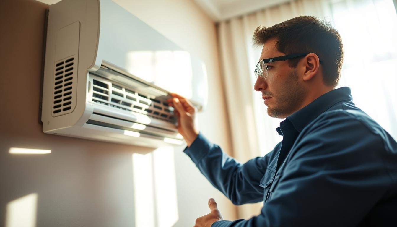 A professional air conditioning technician is inspecting a wall-mounted air conditioning unit in a modern living room, focusing on potential sources of noise and vibration. The foreground shows the technician, dressed in a blue uniform and safety goggles, closely examining the mounting bracket and the refrigerant lines. In the middle ground, a sleek, contemporary air conditioning unit is partially visible, with attention to detail on its vents and controls. The background features a well-lit, stylish living space with soft natural lighting streaming through a window, creating a warm and inviting atmosphere. Shadows show the technician's focused expression, reflecting diligence and expertise in diagnosing the installation. The overall mood conveys professionalism and technical proficiency.