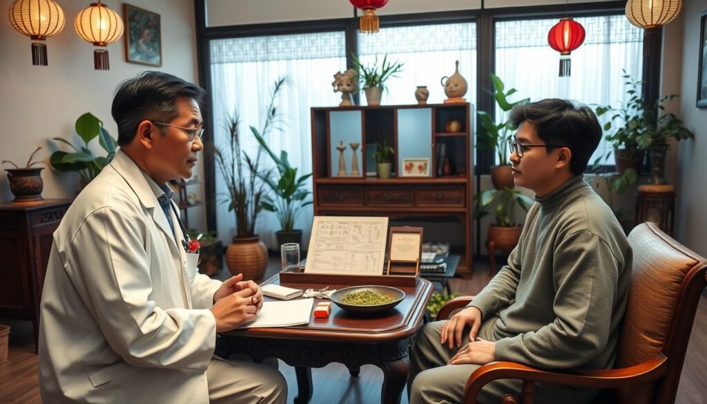 A traditional Chinese medicine practitioner in a serene clinic setting in Sha Tin, focused on the process of望诊 (observation diagnosis). The physician, wearing professional attire, is attentively examining a patient, who is in modest casual clothing, as they sit comfortably across from each other. The foreground highlights the physician's concentrated expression and the patient's slight curiosity. In the middle, an antique wooden table displays traditional Chinese medicine tools, herbs, and a diagnostic chart. The background features a calming atmosphere with soft, natural light filtering through paper lanterns, plants, and traditional décor, invoking a sense of tranquility and healing. The overall mood is professional, warm, and inviting, emphasizing the care and expertise involved in the healthcare experience.
