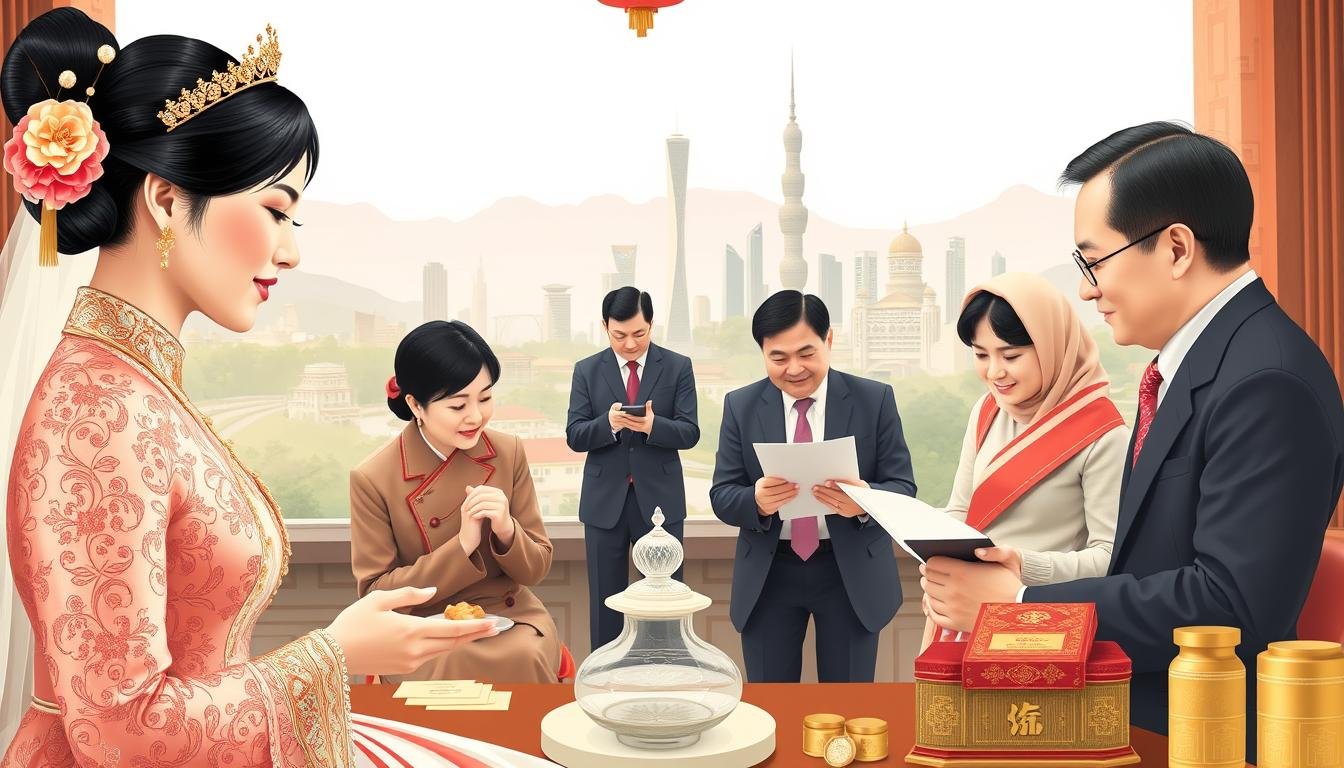A detailed and informative illustration of Taiwan's bride price trends. In the foreground, depict a traditional Taiwanese wedding scene with a bride and groom wearing elegant wedding attire, engaged in a ceremonial exchange of gifts. In the middle ground, showcase a diverse group of families, each dressed in professional business attire, discussing and negotiating the bride price, with a visible collection of traditional items like tea sets and gold jewelry surrounding them. The background features a picturesque Taiwanese setting, highlighting distinct county landmarks subtly blending into the scene. Soft, natural lighting enhances the warm atmosphere, and the angle captures a balanced view of the interactions while emphasizing the significance of cultural tradition. The mood is respectful and celebratory, reflecting the importance of family and community in these discussions.
