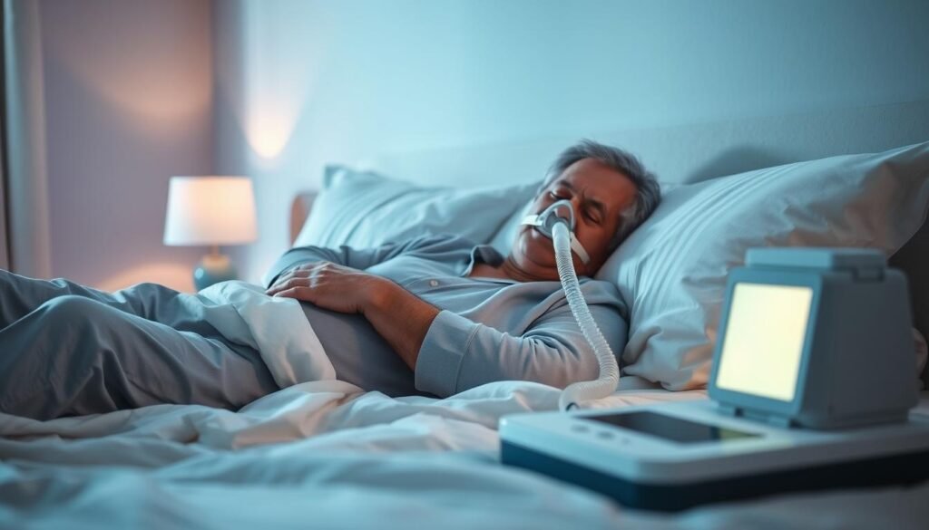A serene bedroom scene focusing on a person comfortably using a sleep apnea machine. In the foreground, a middle-aged individual, dressed in modest pajamas, is lying peacefully in bed, with the machine beside them. The middle layer features a soft, cozy blanket and pillows, creating a warm atmosphere. The background shows dimmed bedside lighting, casting gentle shadows on the walls, enhancing the tranquility of the space. The image captures a sense of calm and relaxation, with a soothing color palette of soft blues and whites. A wide-angle perspective emphasizes the comfort of the room, while the overall mood conveys a reassuring ambiance, symbolizing the ease and comfort associated with using a sleep machine.