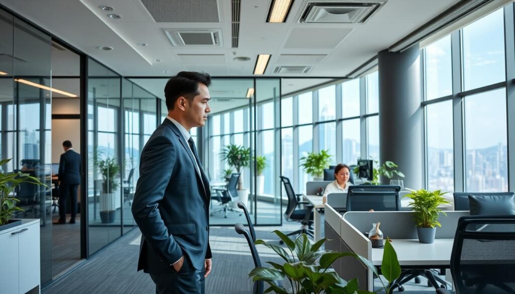 A stylish office interior in a modern serviced office space located in Central Hong Kong, showcasing a sophisticated and contemporary design. In the foreground, a professional businessperson in smart attire is engaged in a conversation with a colleague at a sleek shared workspace, both focused and professional. The middle ground features high-tech office amenities, including glass partitions, ergonomic furniture, and greenery for a fresh, vibrant atmosphere. The background reveals large windows with a stunning view of the Hong Kong skyline, allowing natural light to fill the room, enhancing the welcoming mood. The scene captures the essence of a productive business environment, emphasizing collaboration and modernity. Bright, inviting lighting and a clean, minimalist aesthetic complete the composition.
